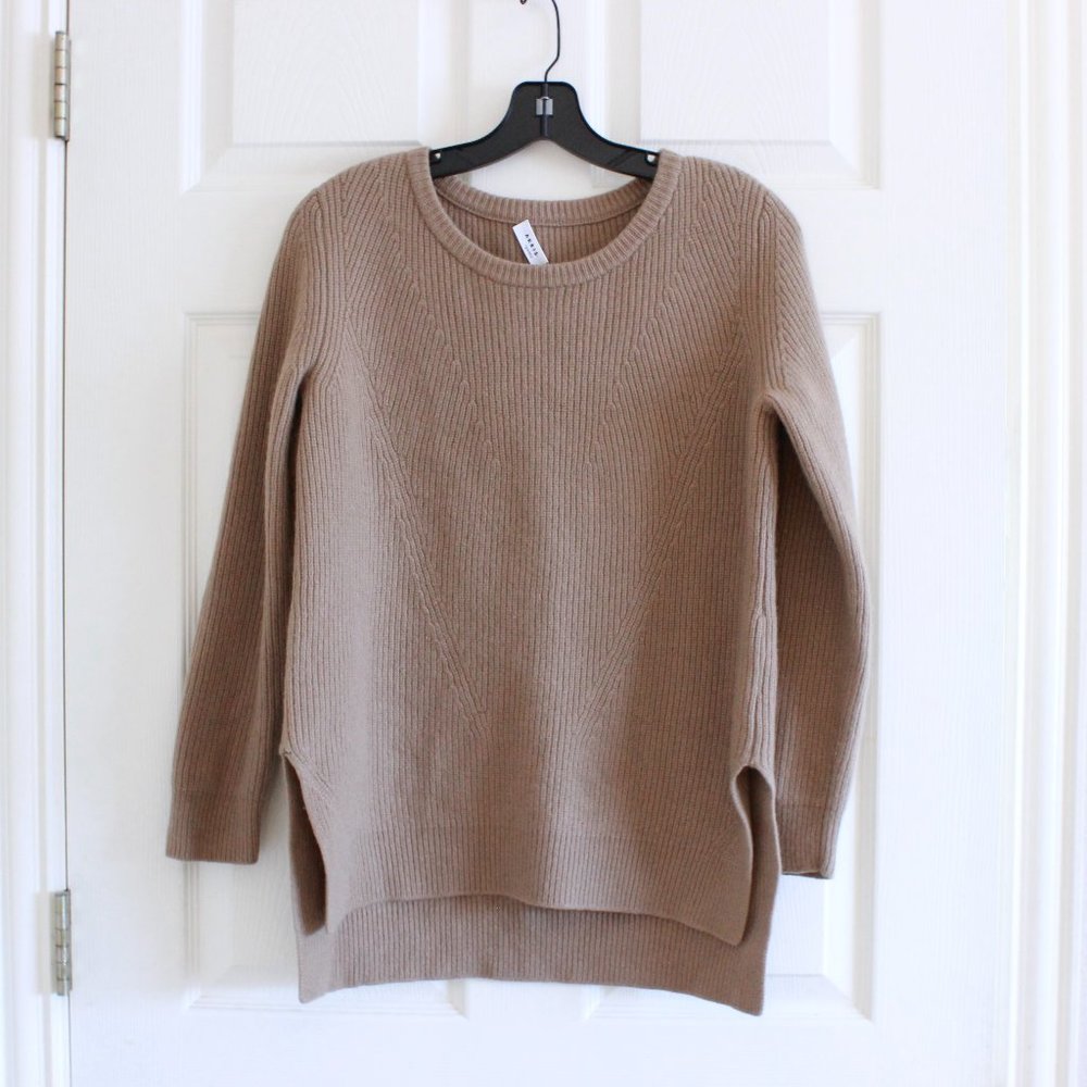 Arkis Punto Wool and Cashmere Tan Camel Side Slit Crewneck Pullover Sweater
